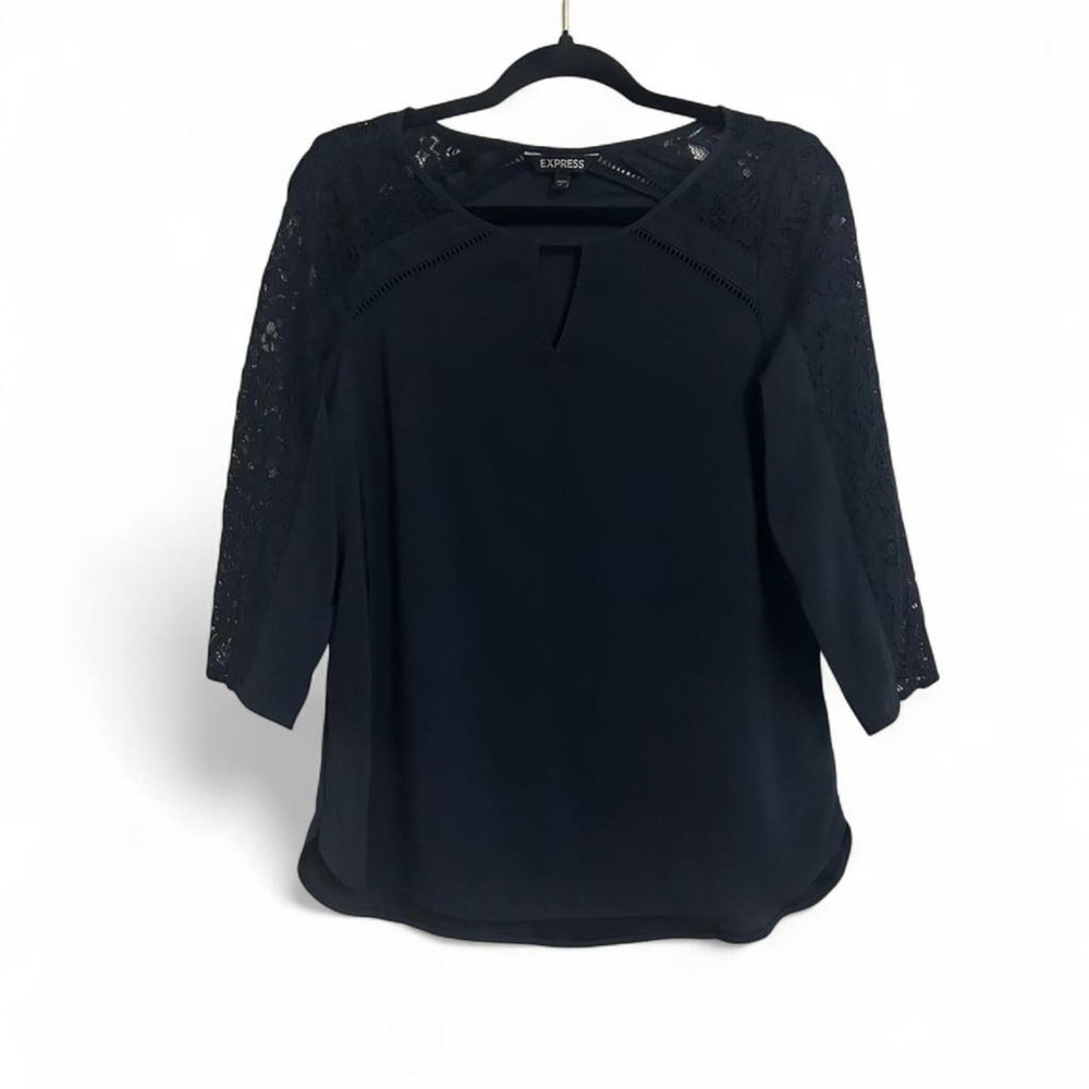 Express Women's Black 3/4 Sleeve Blouse With Lace Detail Size Small
